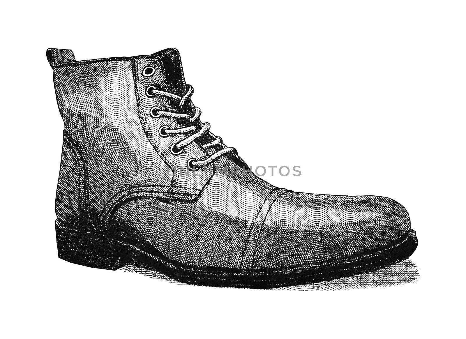 Original digital illustration of a shoe, in style of old engravings.