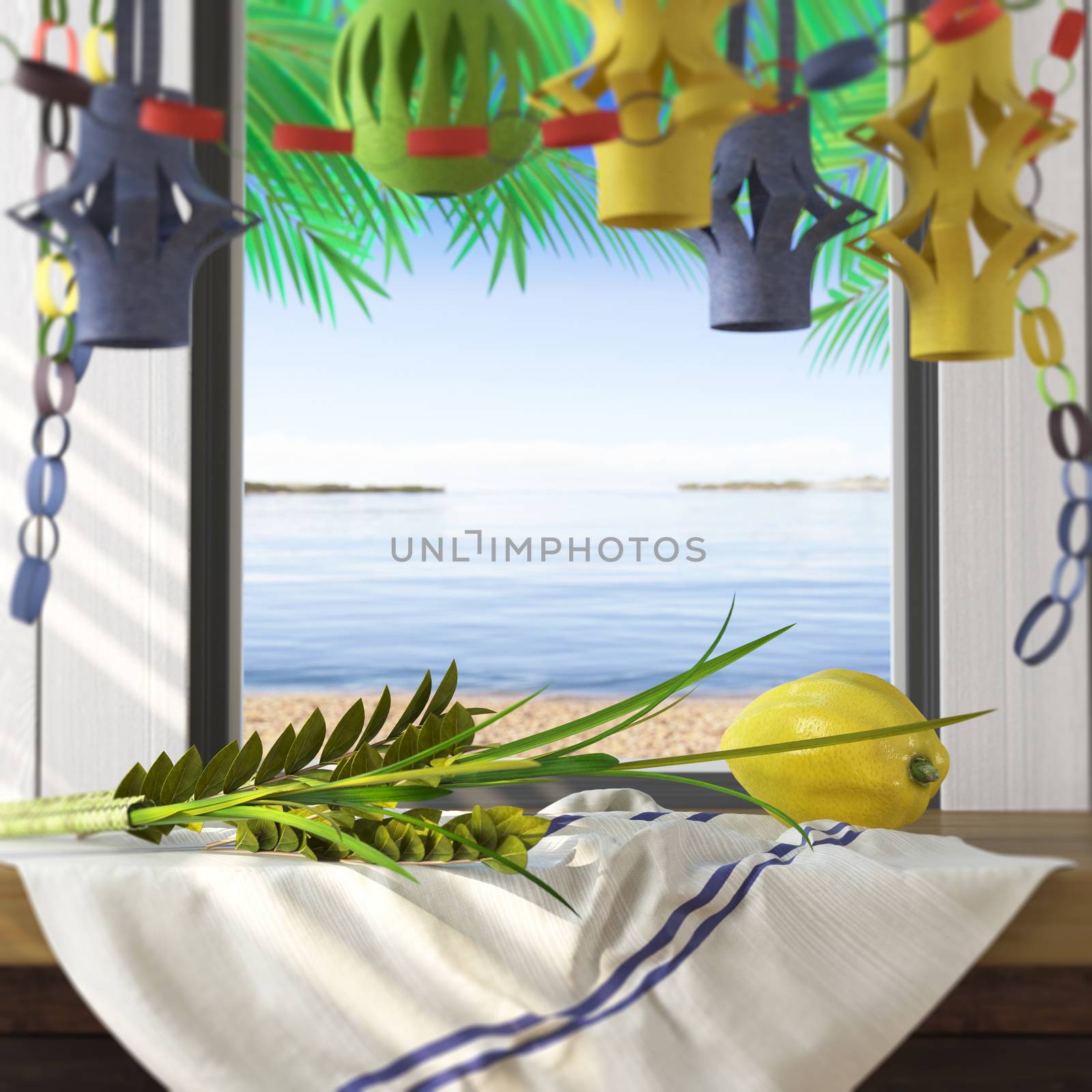 Symbols of the Jewish holiday Sukkot with palm leaves and sea beach