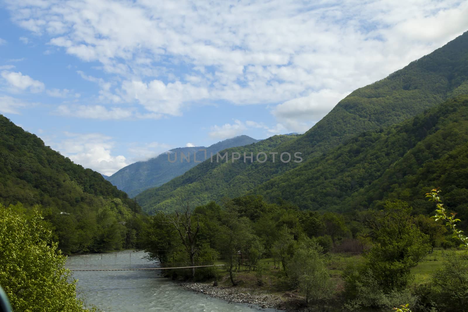 Mountains are covered with snow and the wood and surrounded with clouds