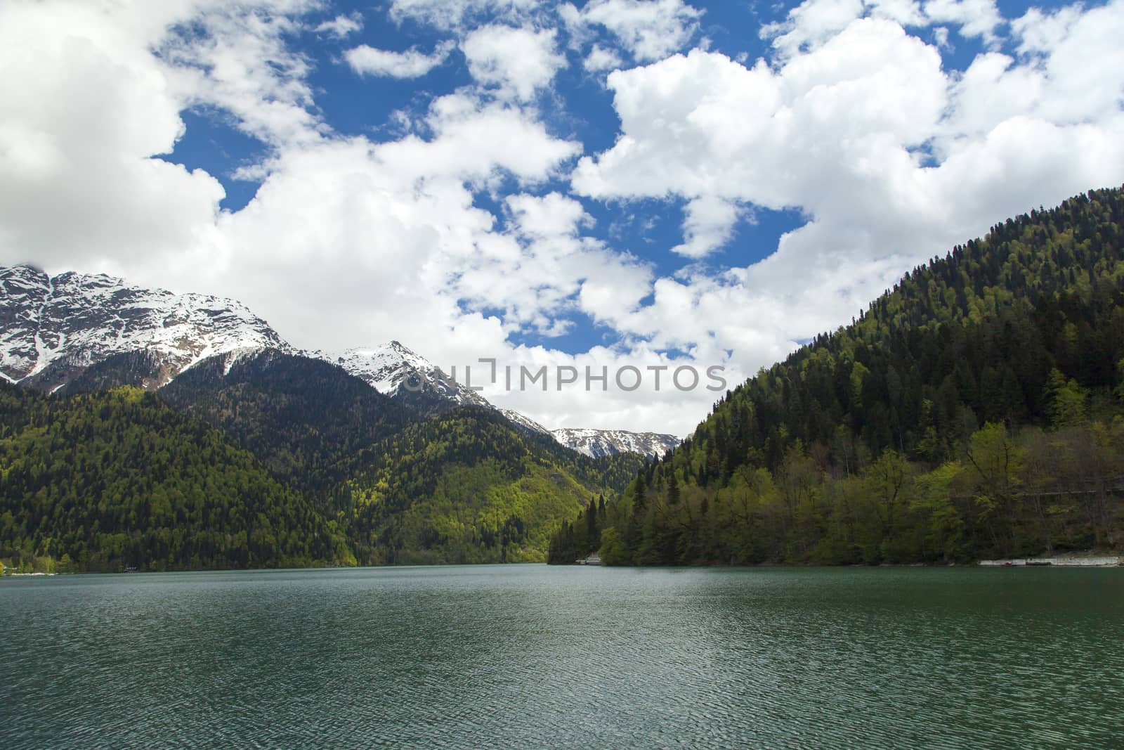 Mountains are covered with snow and the wood and surrounded with clouds