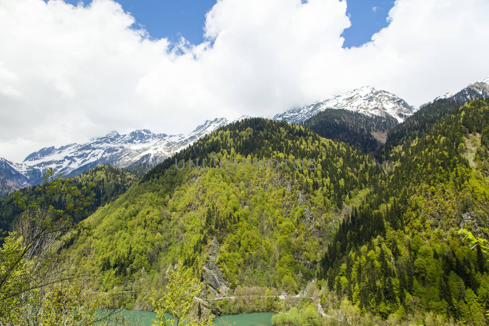 Mountains are covered with snow and the wood and surrounded with clouds