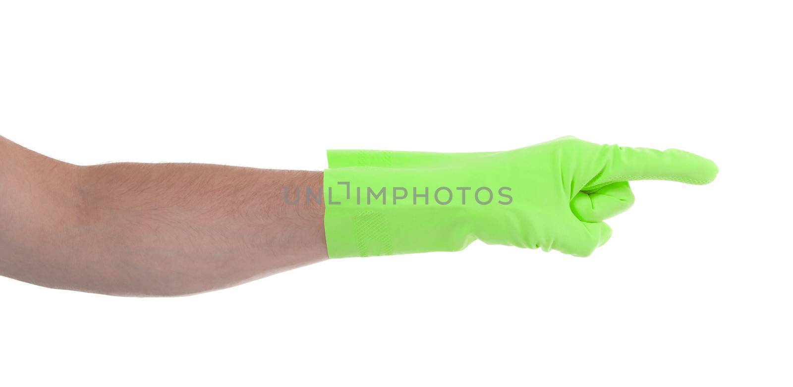 Hand in an cleaning glove making a directional sign on white background