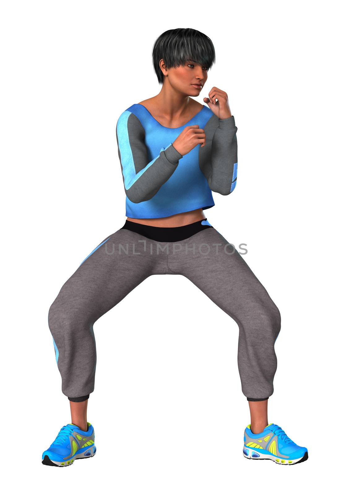 3D digital render of a beautiful woman doing sport isolated on white background