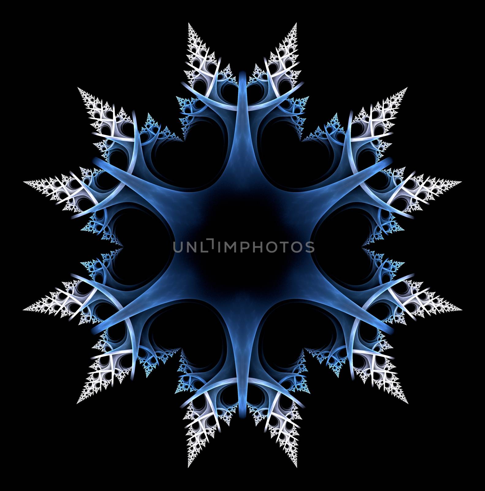 Snowflake isolated over black. Computer generated fractal artwork for design