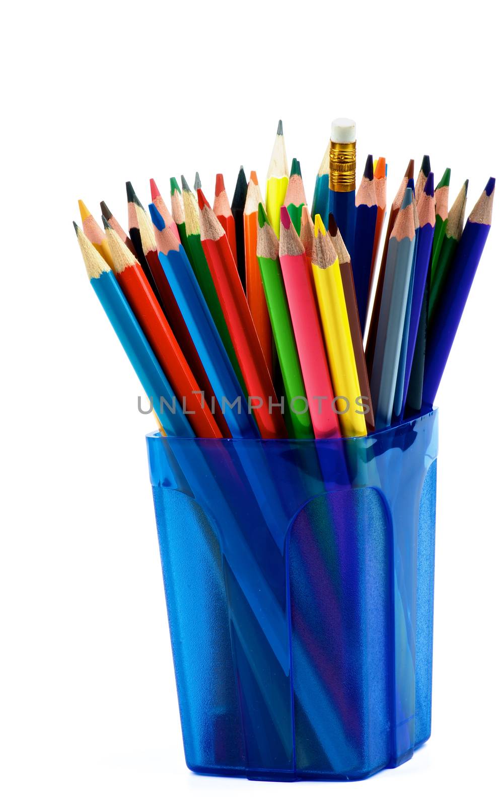 Lead, Colored and Crayon Sharp Pencils in Blue Container isolated on white background