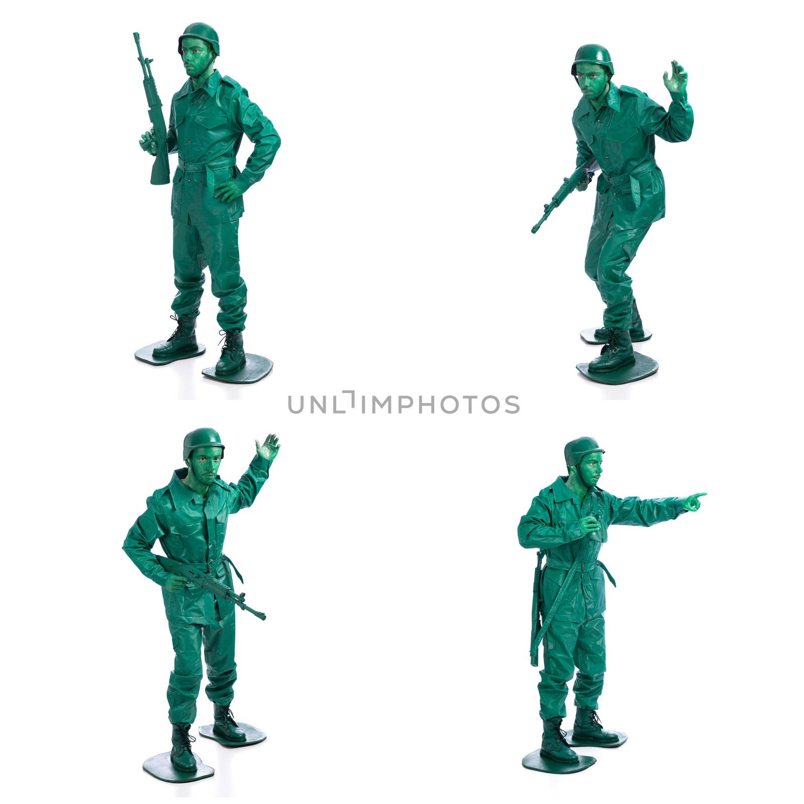 Four man on a green toy soldier costume standing with riffle isolated on white background.