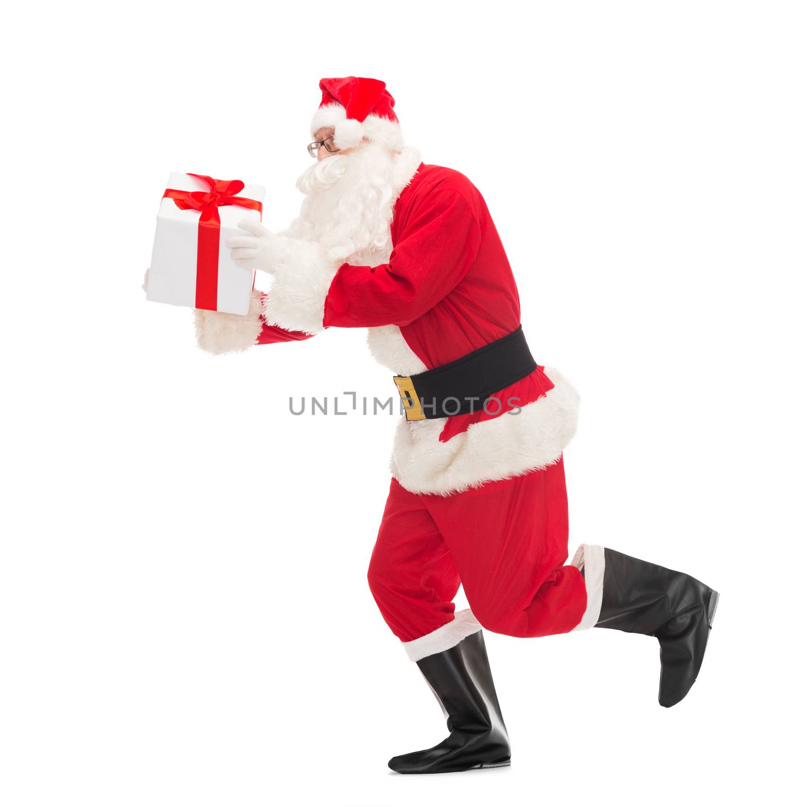 man in costume of santa claus with gift box by dolgachov