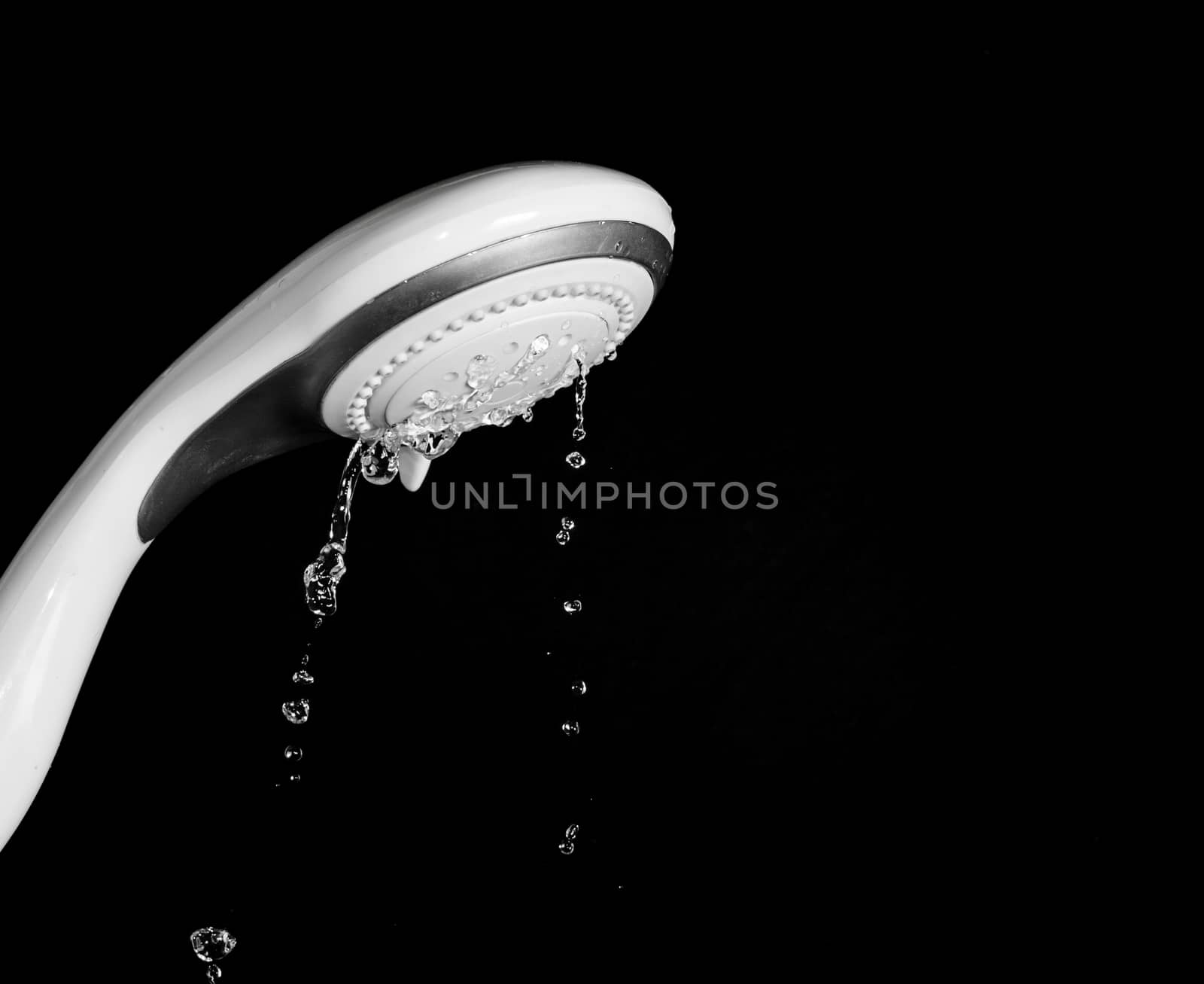 Modern shower head  with running water  isolated on black background by pixbox77