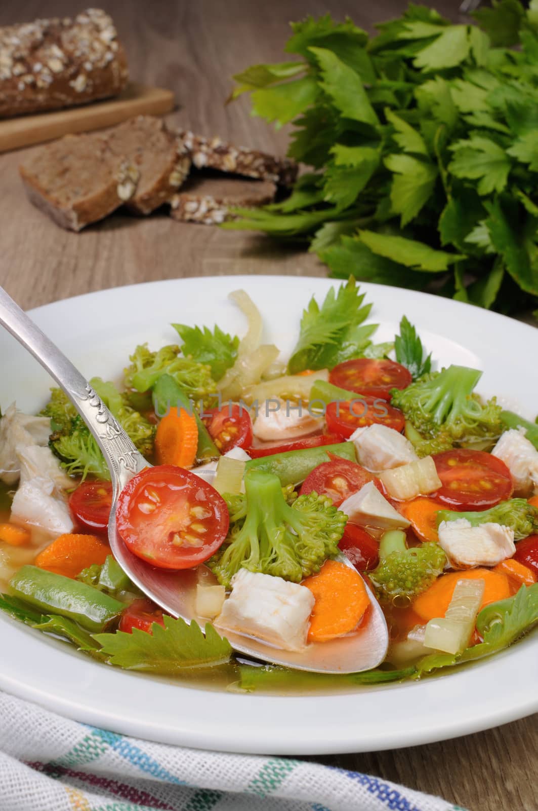 Vegetable soup with chicken, green beans, broccoli