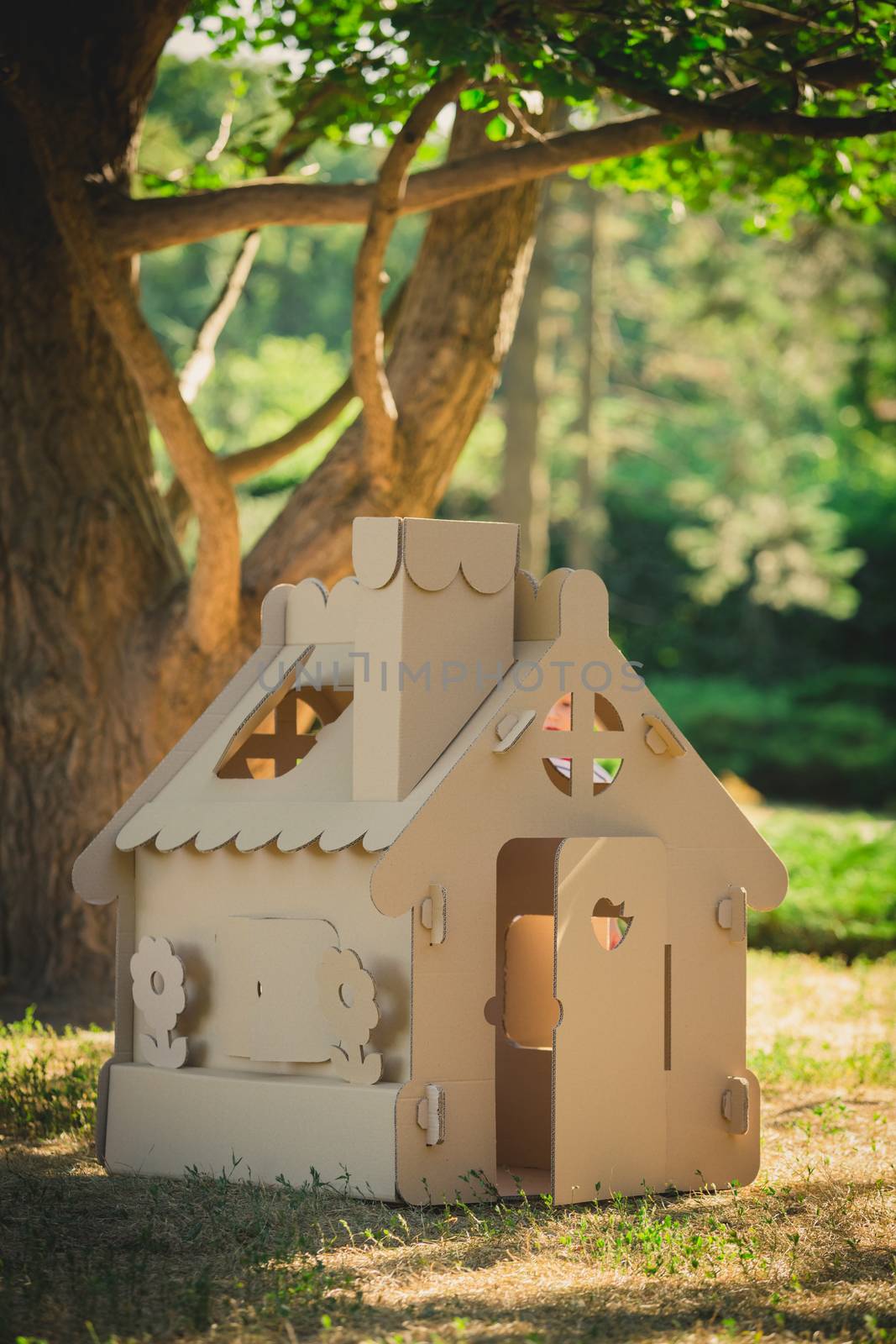 Toy house made of corrugated cardboard in the city park on the grass. The concept of eco-estate