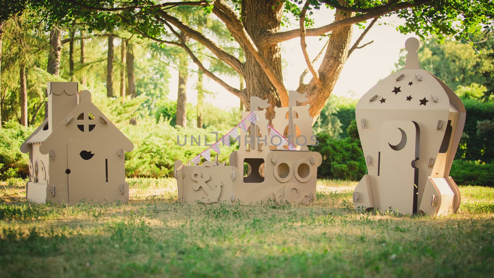 Eco-friendly toys made of cardboard ship, house and  spaceship. by sarymsakov