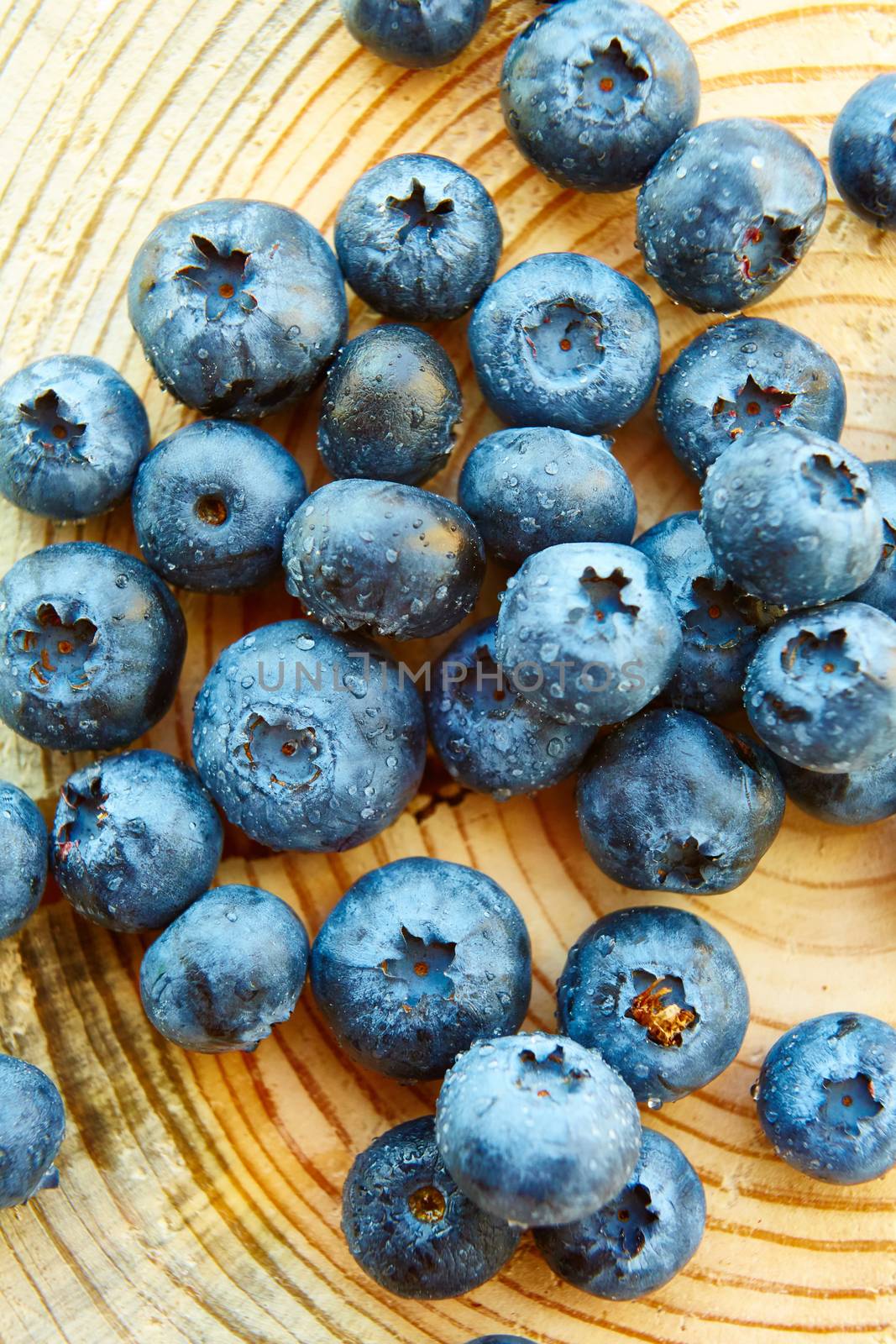 Freshly picked blueberries on wooden background. Shallow dof