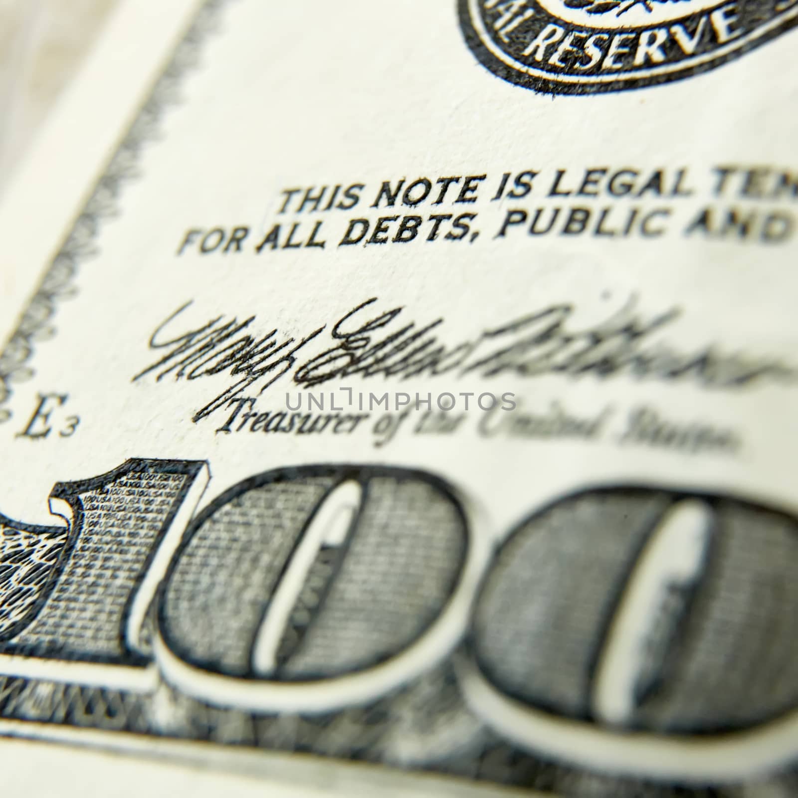 Macro close up of the US 100 dollar bill. Extreme macro. Shallow dof