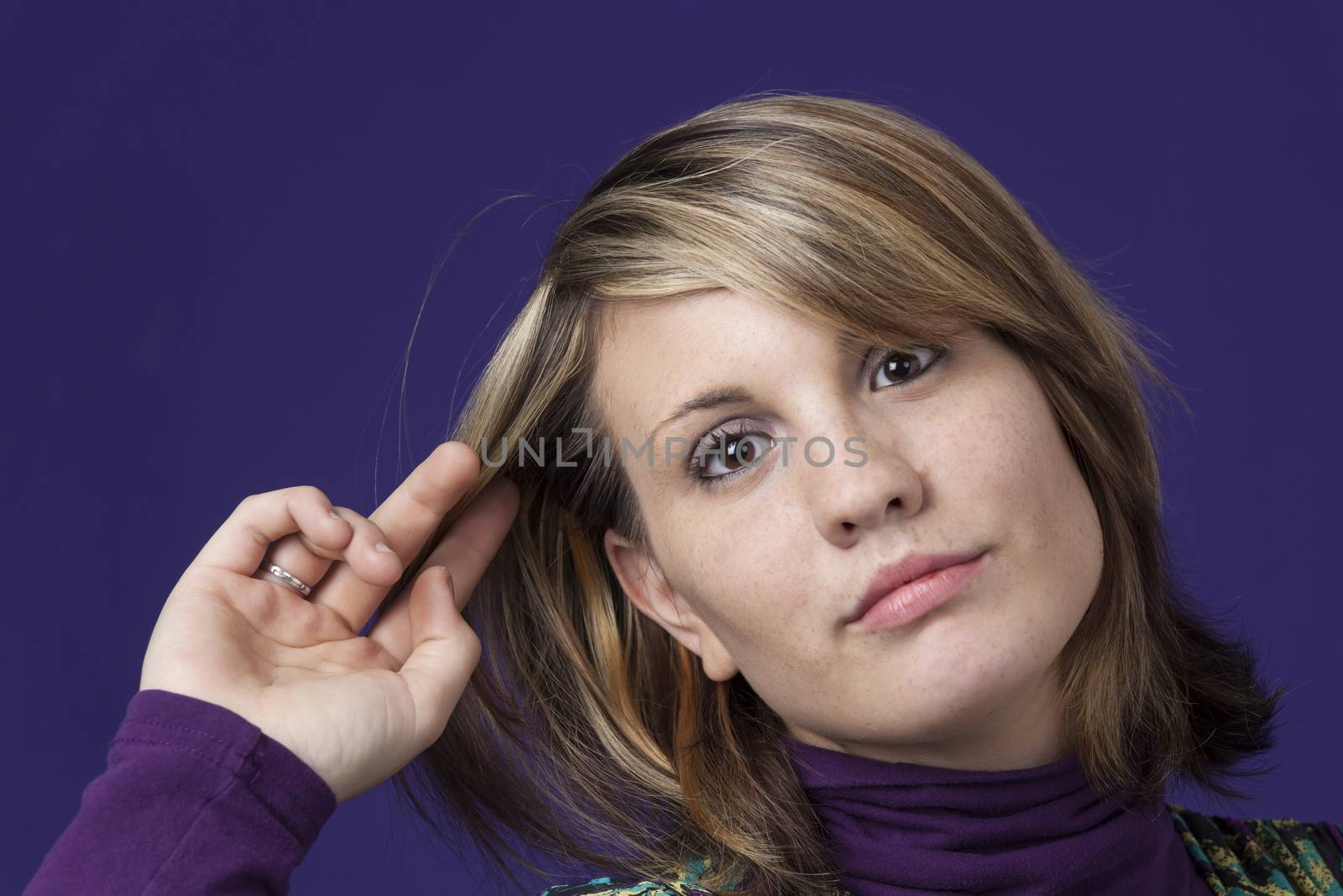 young woman on purple background