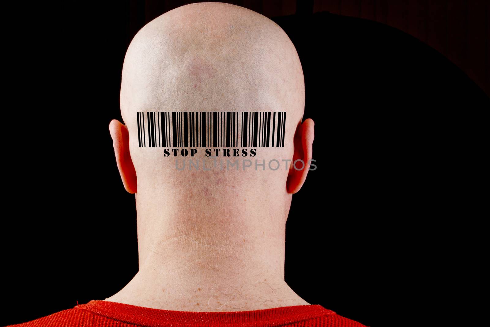 Barcode Stop stress. The bar code printed on the head of a man.