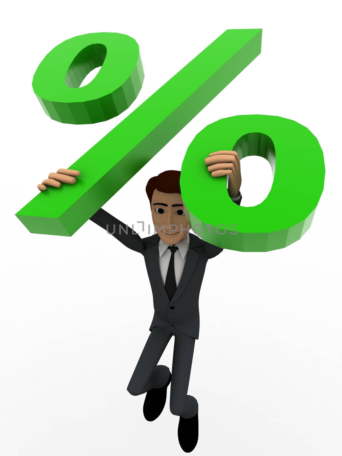 3d man jumping with big green percent symbol concept on white background,  top angle view