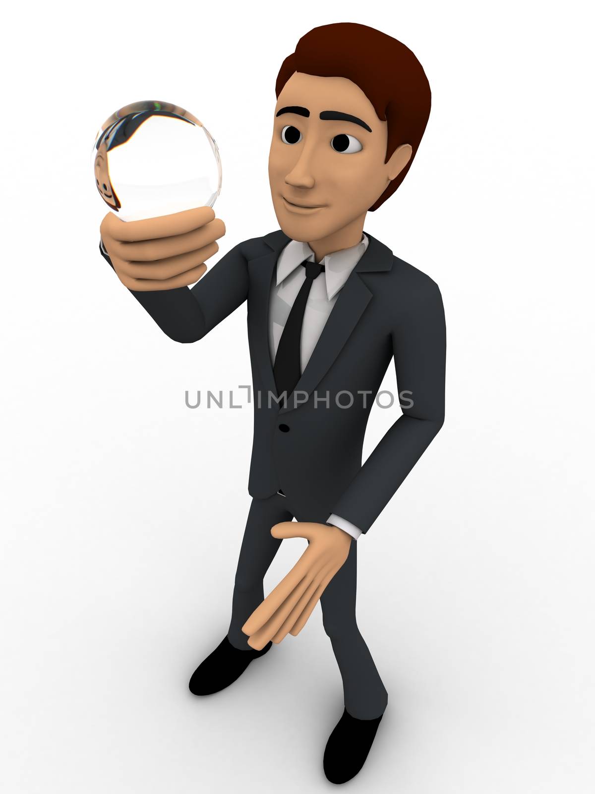 3d man holding sphere of glass in hand and watching it concept on white background,  left angle view