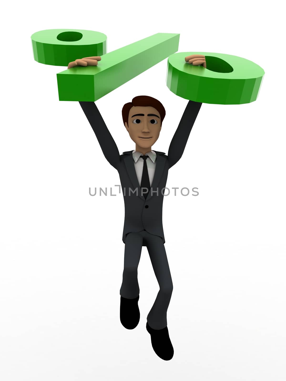 3d man jumping with big green percent symbol concept on white background,  front angle view