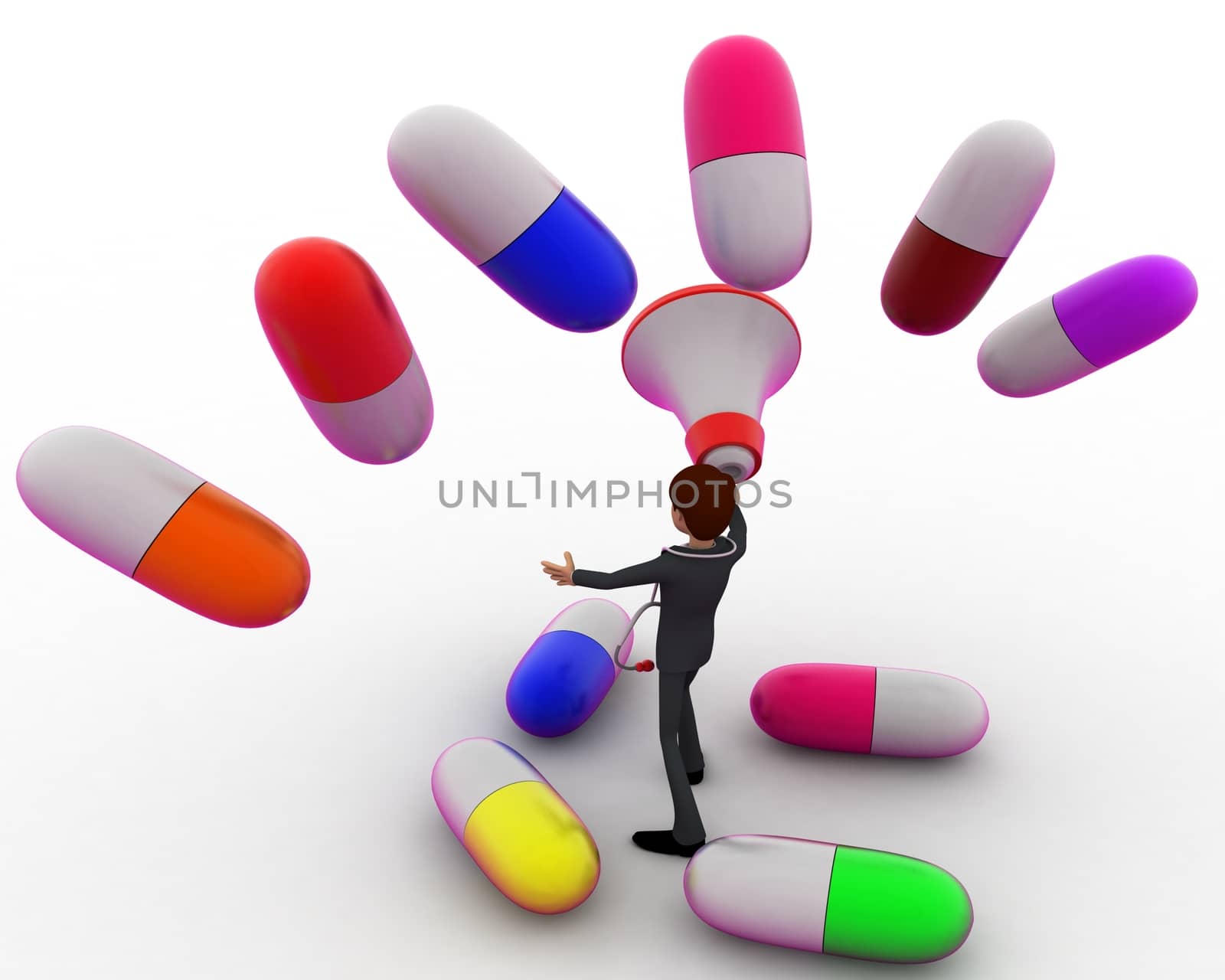 3d man with colourful capsules and speaker concept on white background, back angle view