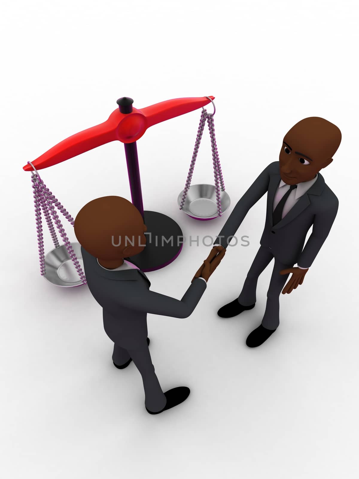 3d men shaking hands with weight balance scale concept on white background, top angle view
