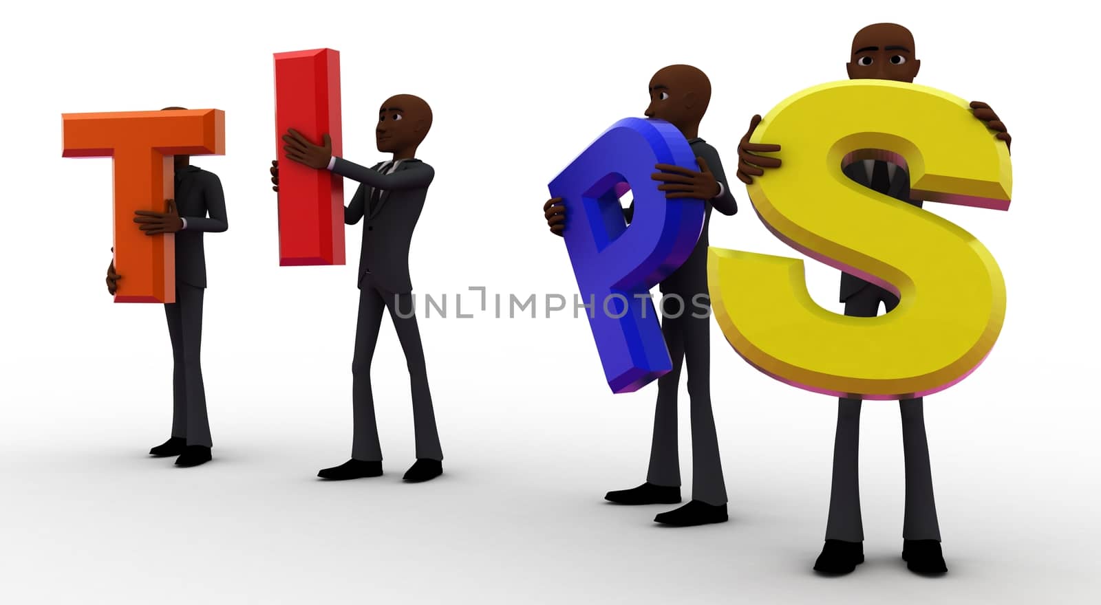 3d team of men holding tips letters concept on white background, side angle view