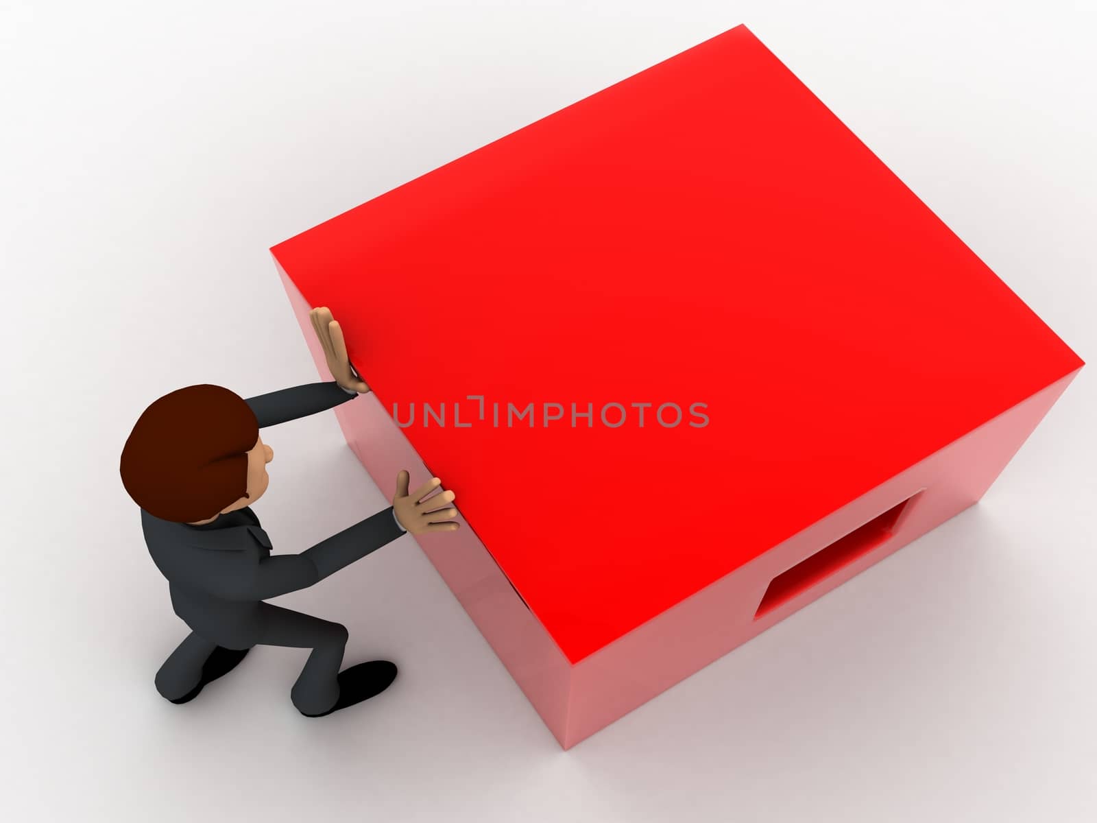 3d man pusing big red cube concept on white background top angle view