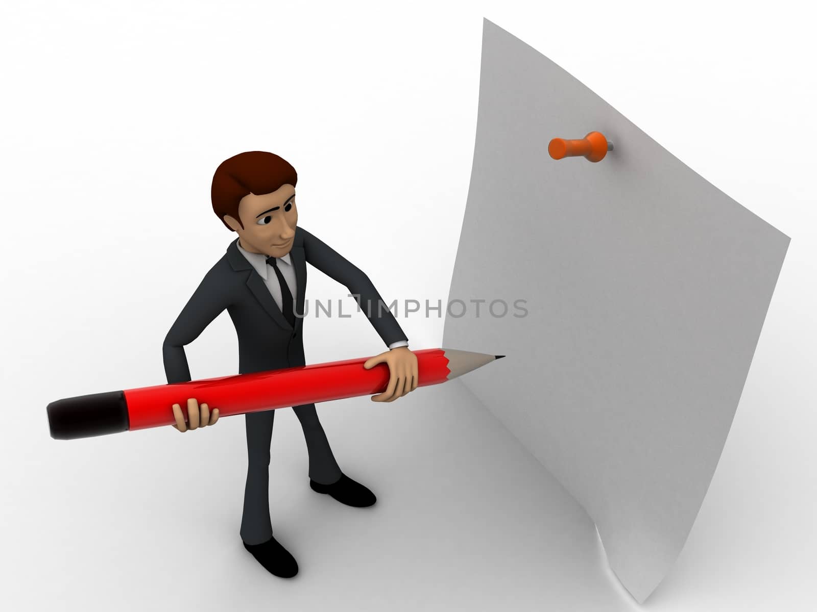 3d man holding big pencil and write on clip board concept on white background,  side angle view