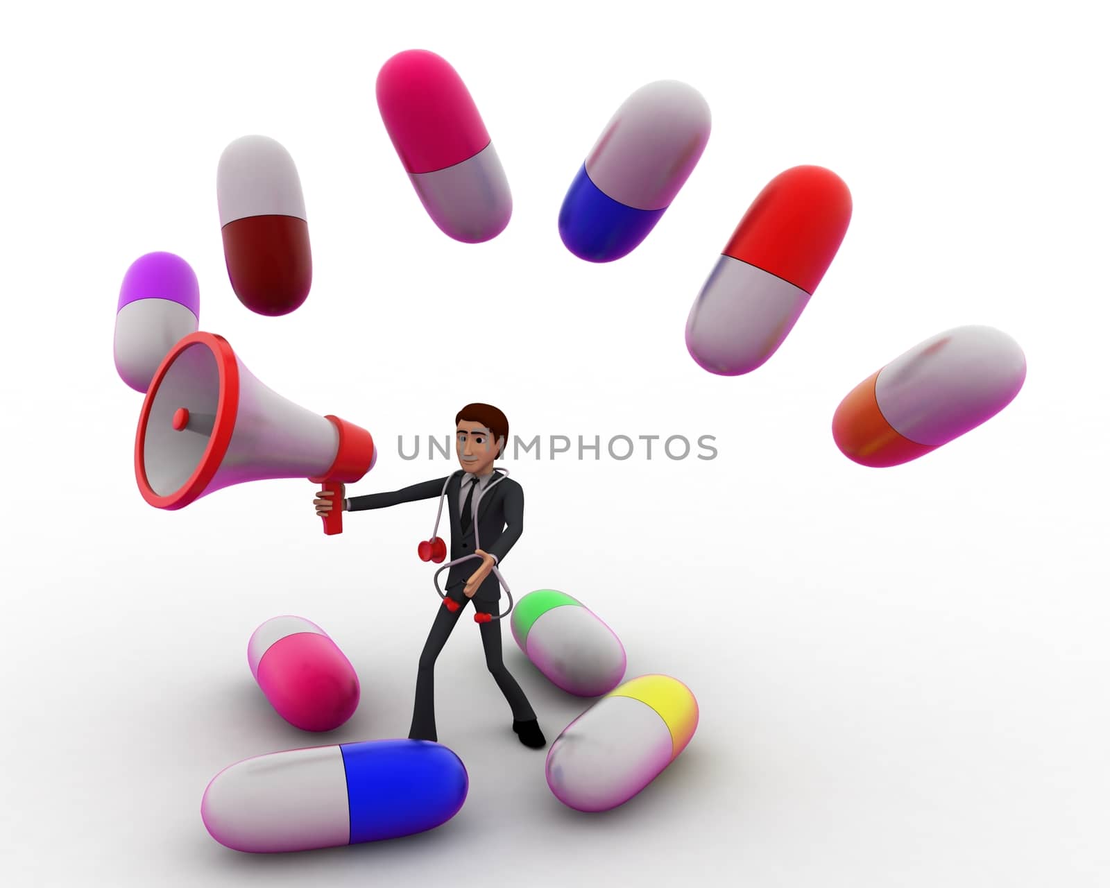 3d man with colourful capsules and speaker concept on white background, side angle view