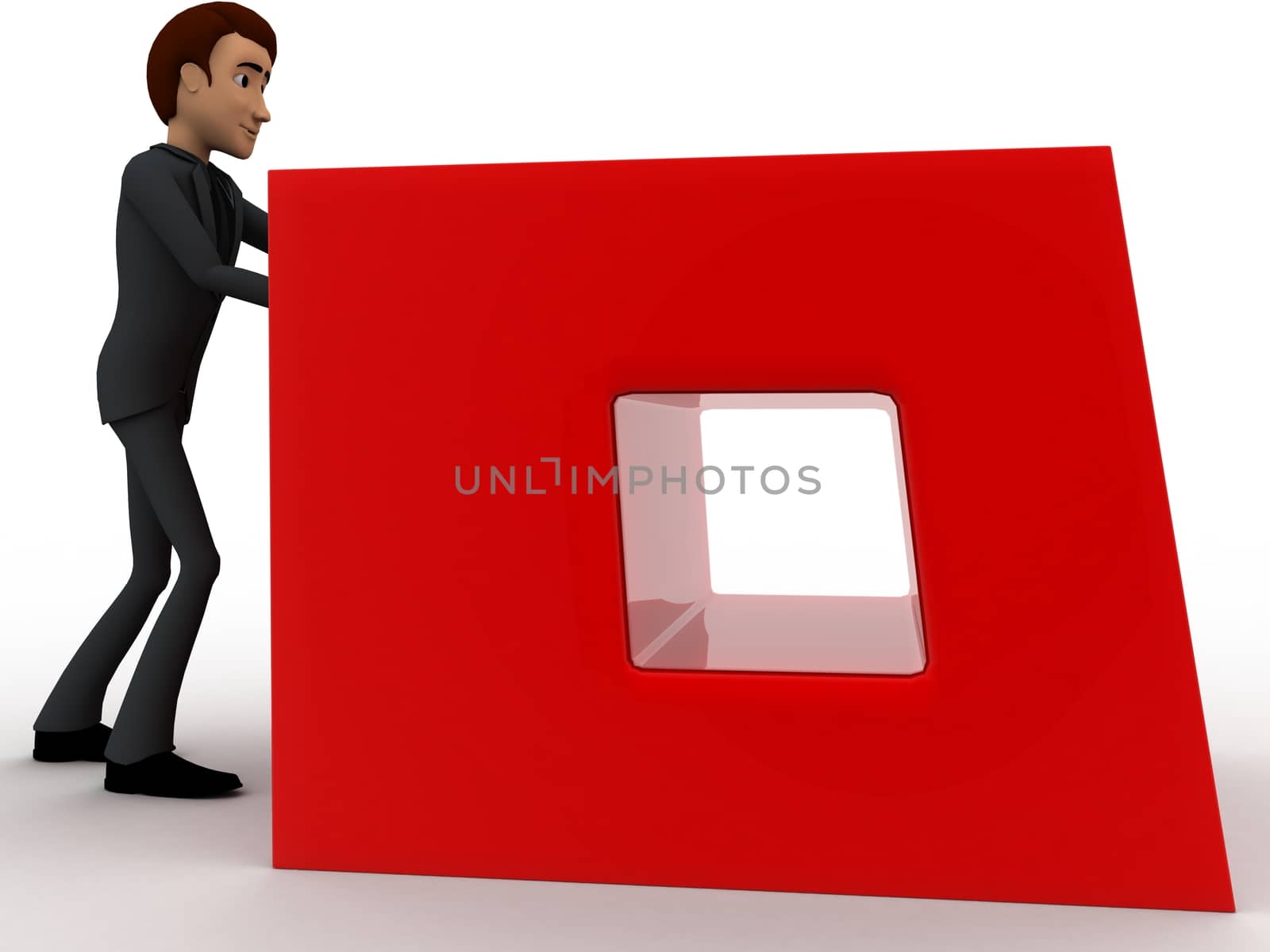 3d man pusing big red cube concept on white background,  left angle view