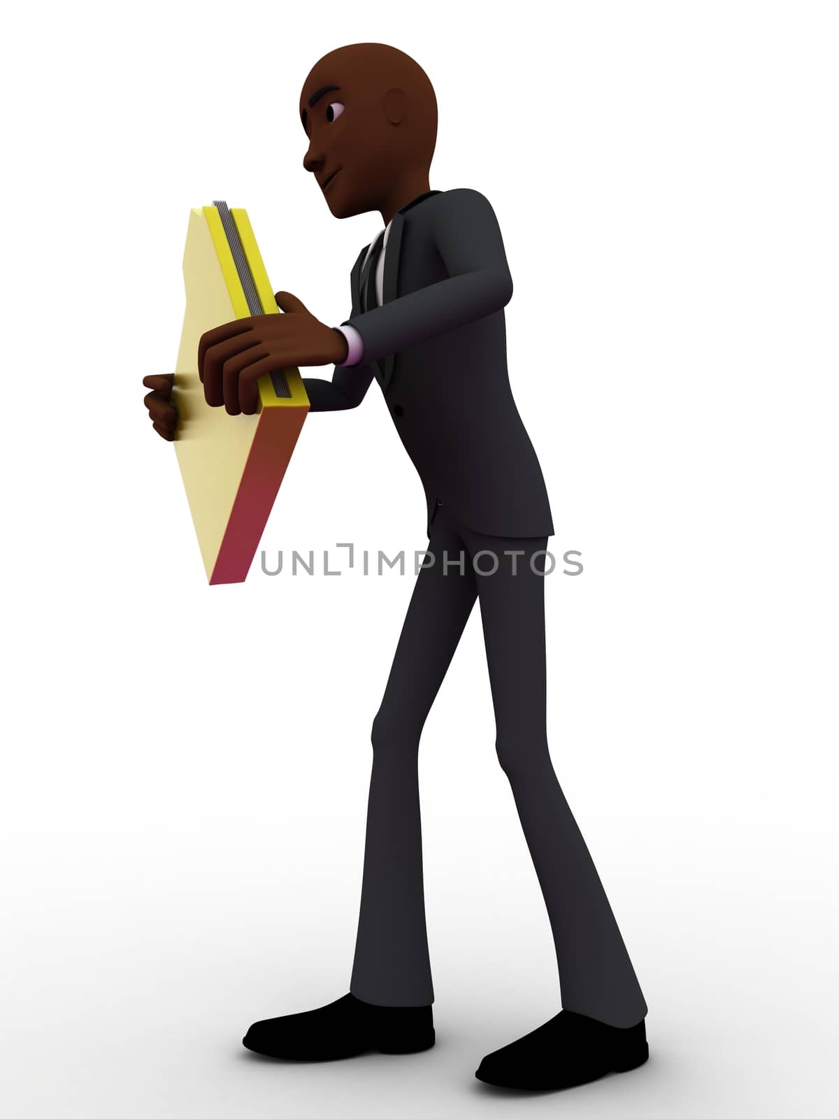 3d man holding file in hands concept on white background,  side angle view