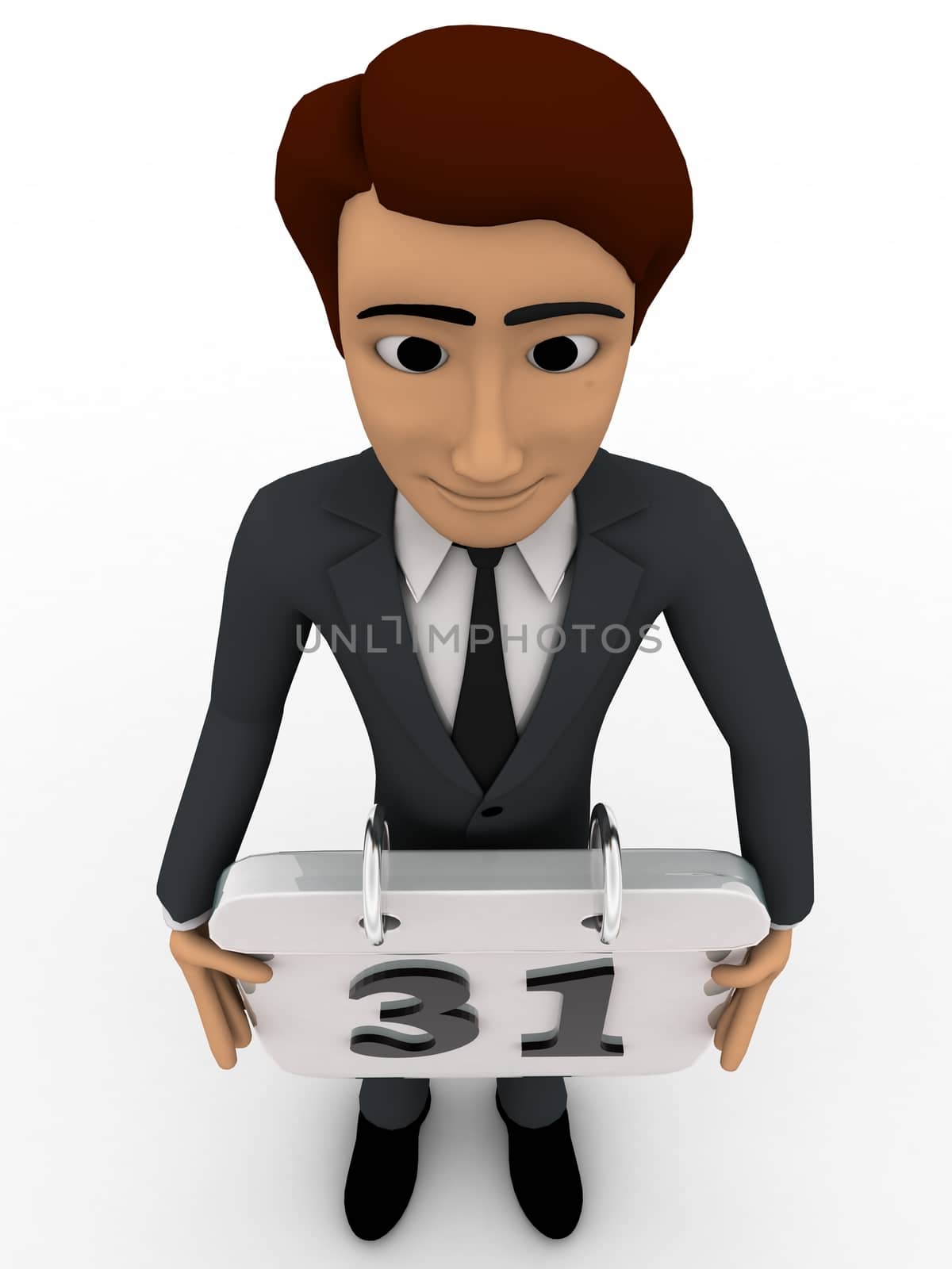 3d man holding calender in hands concept on white background,  top angle view
