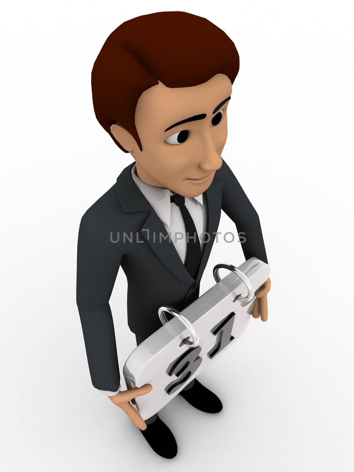 3d man holding calender in hands concept on white background,  side angle view