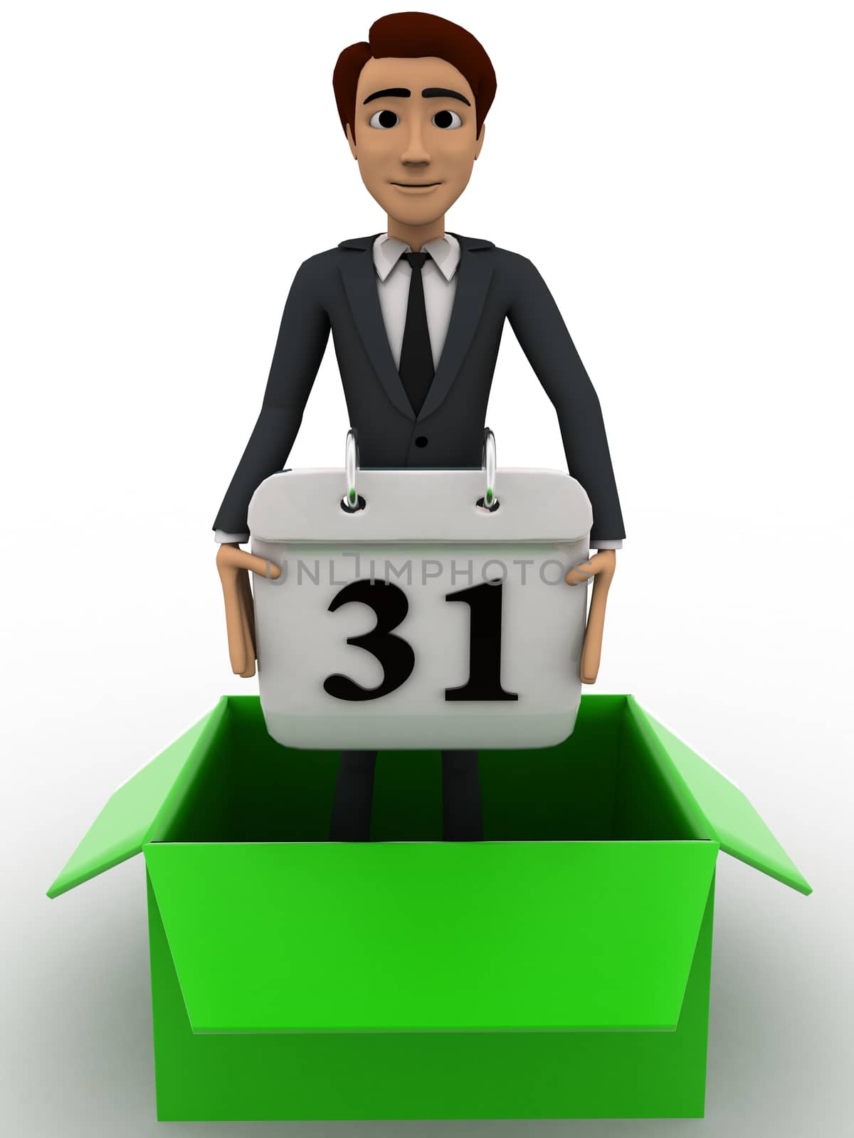 3d man stand inside box and holding calender concept on white background,  front angle view