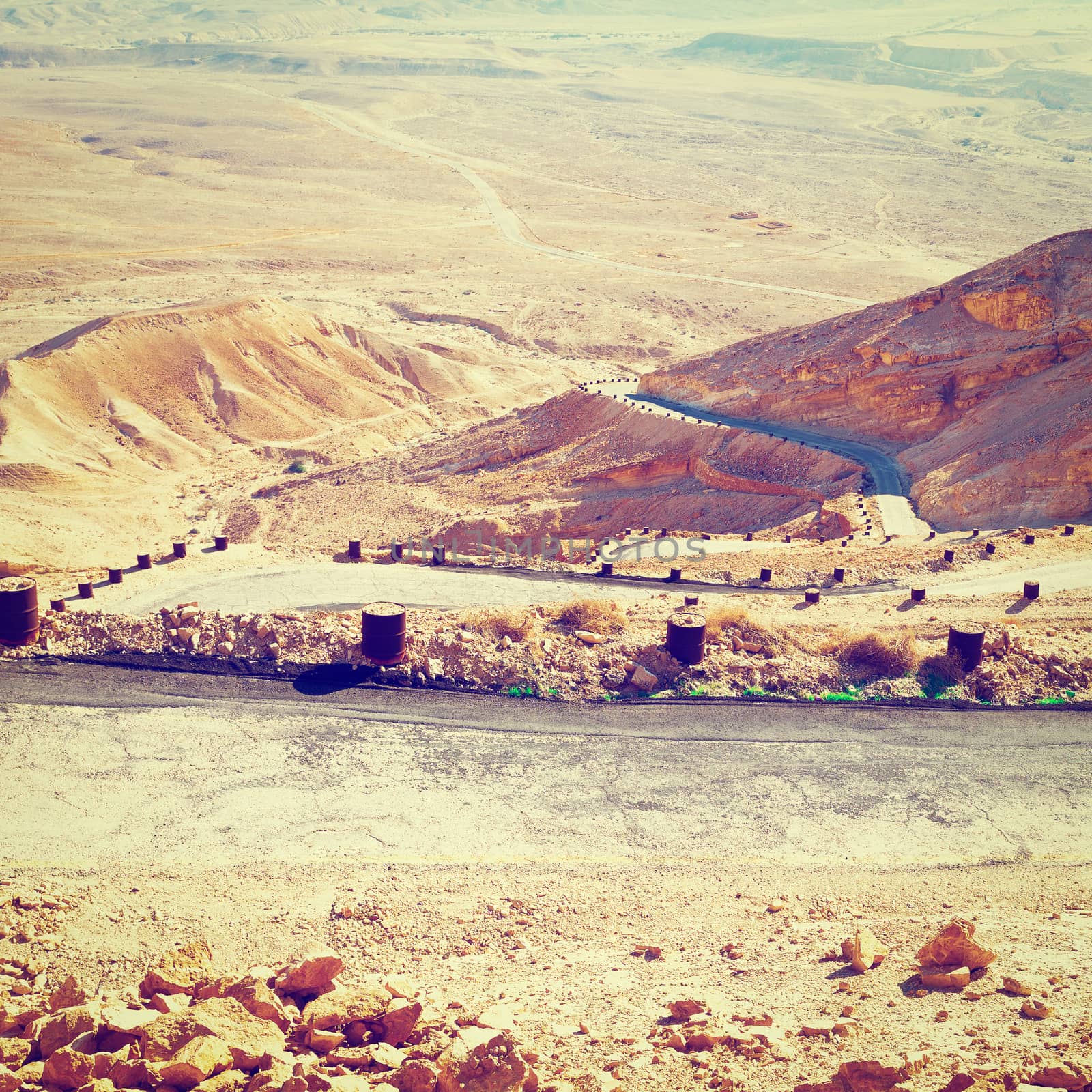 Winding Asphalt Road in the Negev Desert in Israel, Instagram Effect