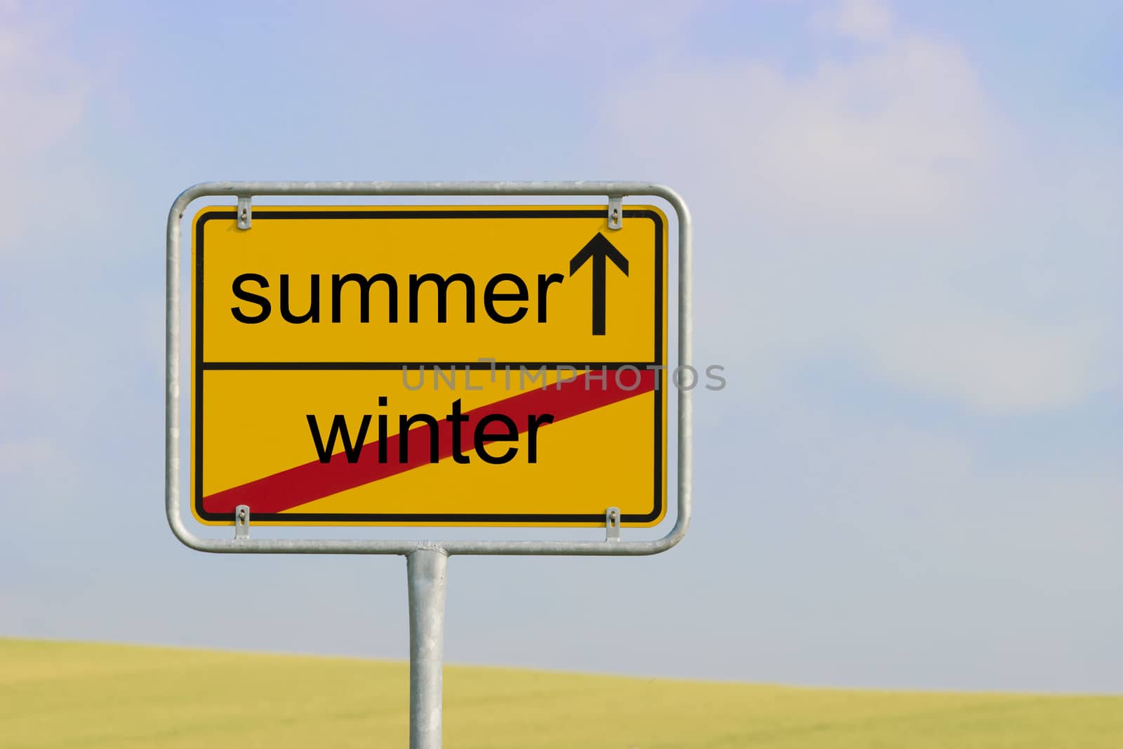 Yellow town sign with text "winter summer"