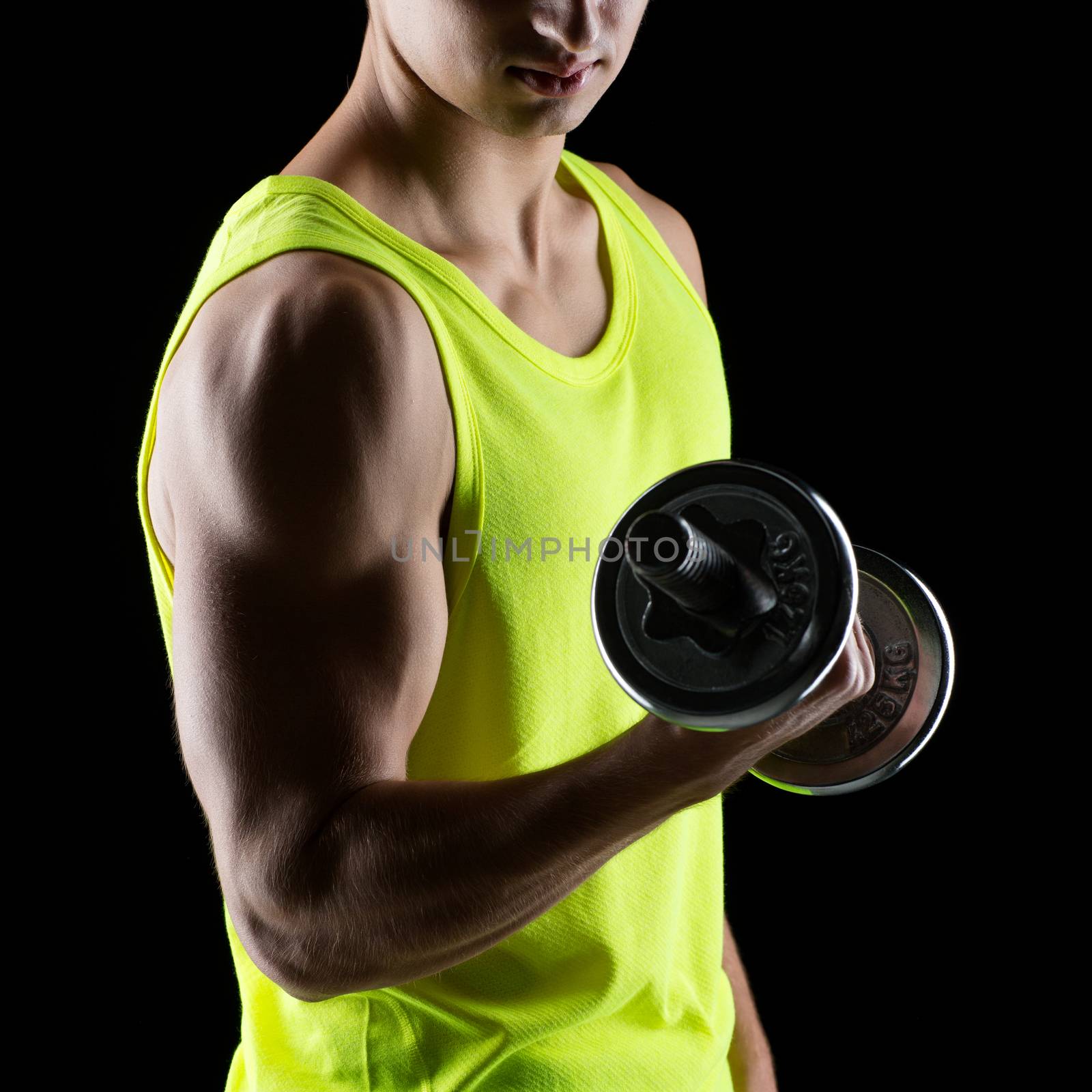 sport, bodybuilding, training and people concept - close up of young man with dumbbell flexing muscles over black background
