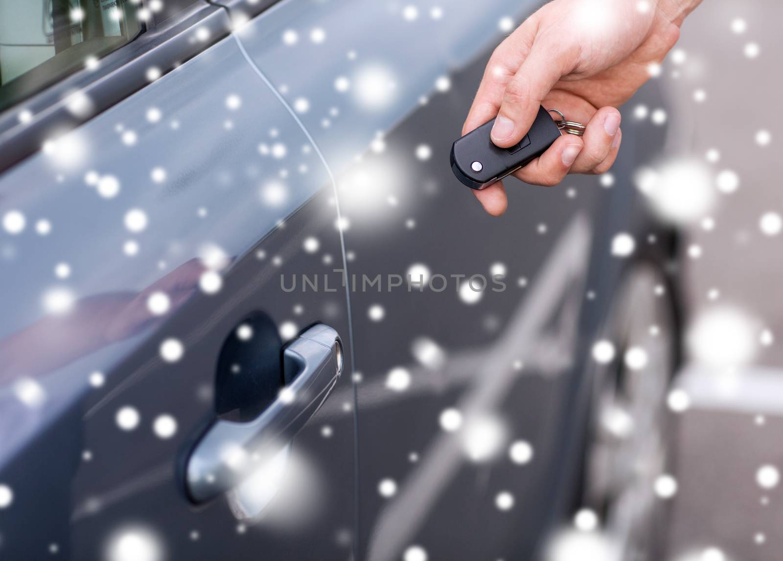 transportation, people, season and ownership concept - close up of man with car key outdoors