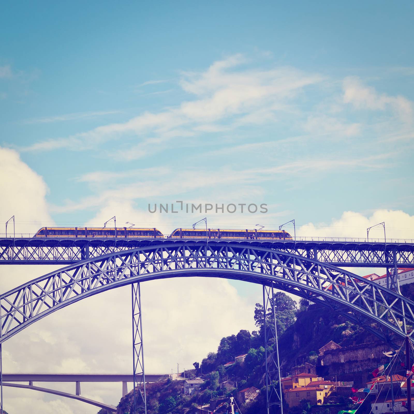 Metro Train on the Bridge Built by Eiffel in Porto, Instagram Effect