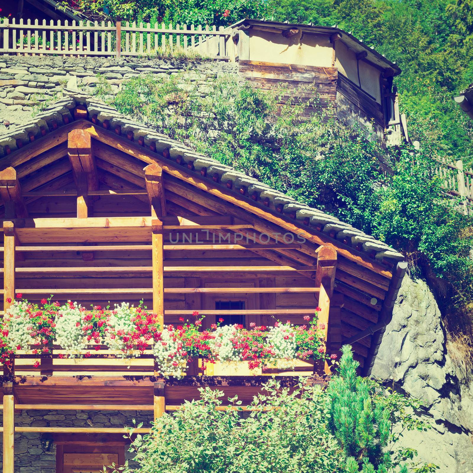 Wooden Loft Decorated With Fresh Flowers in the Italian Alps, Instagram Effect