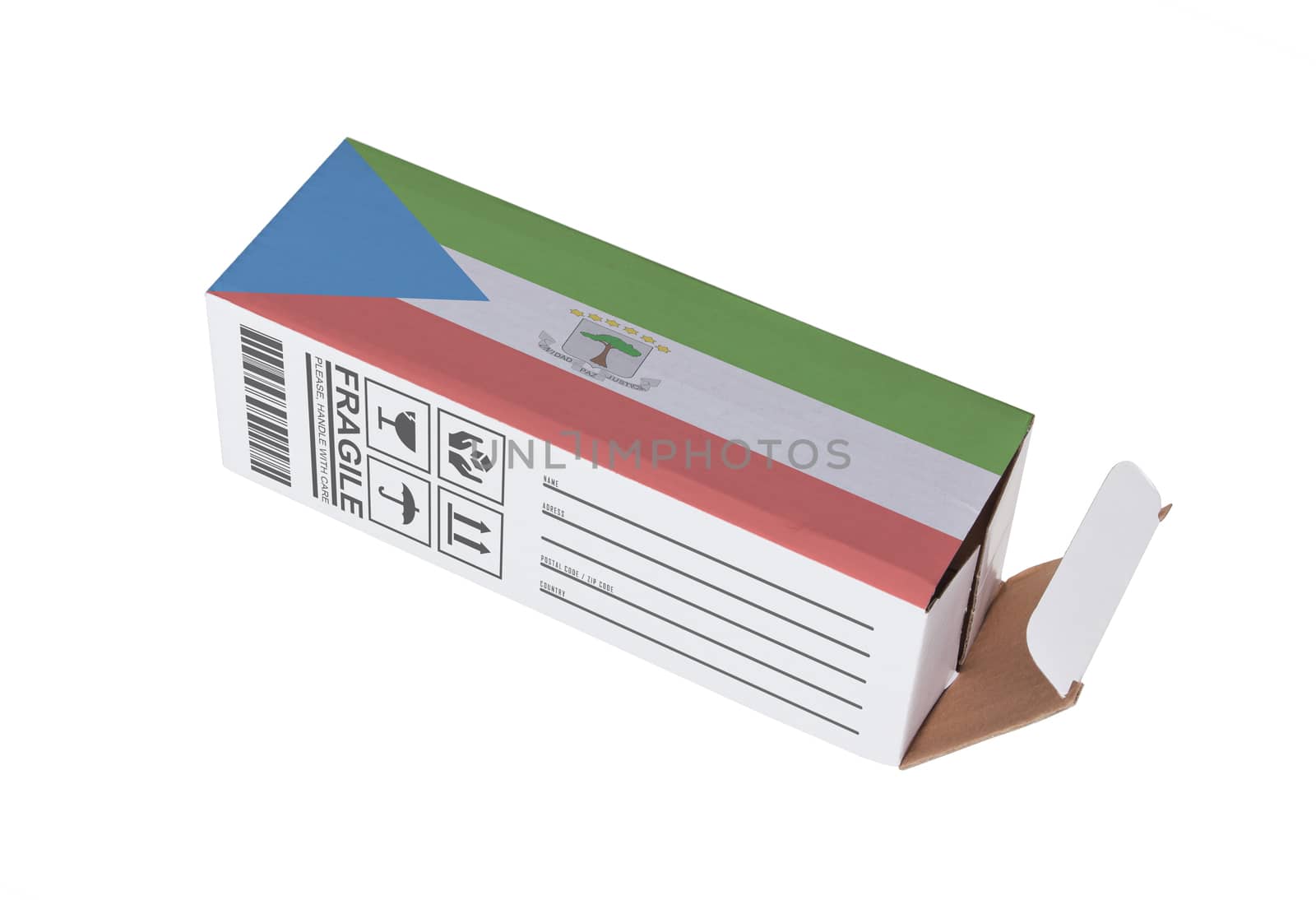 Concept of export, opened paper box - Product of Equatorial Guinea