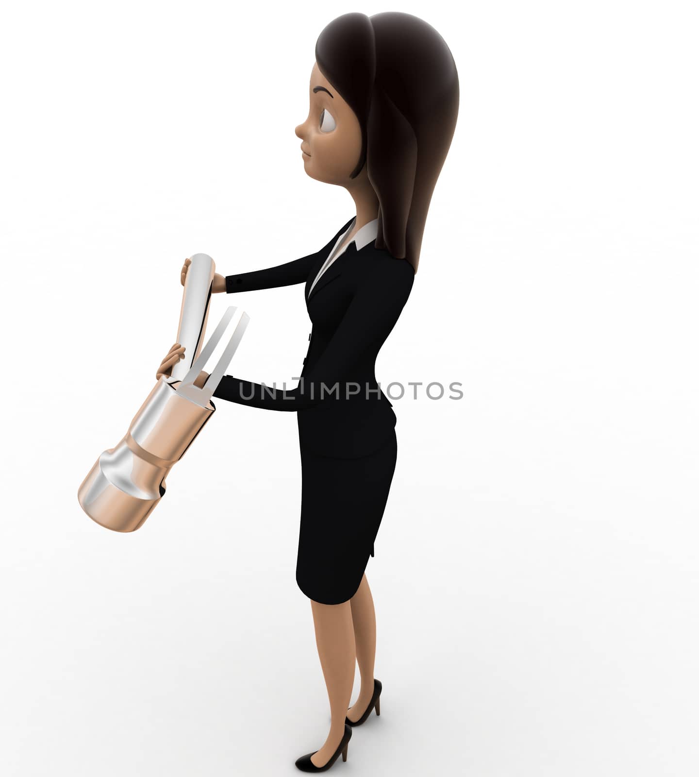 3d woman holding hammer in hands concept on white background, side  angle view