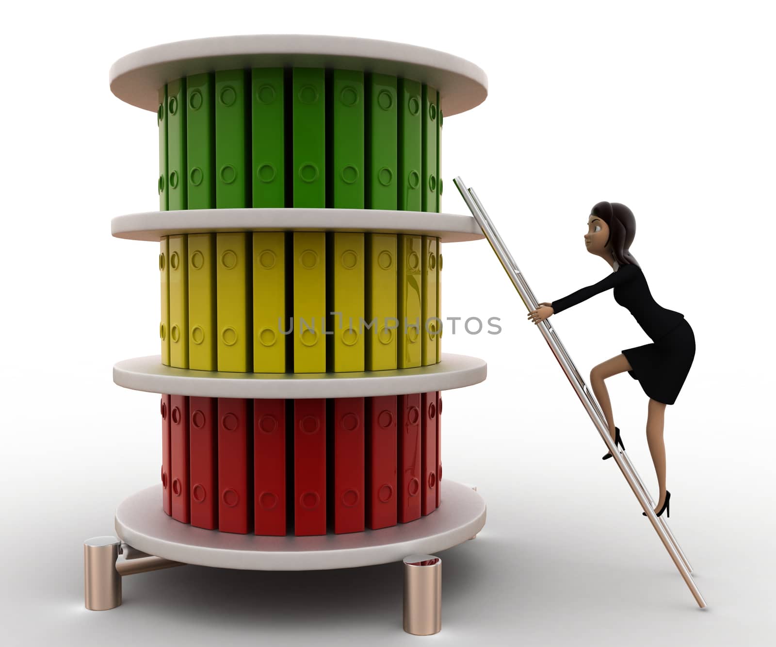 3d woman climb ladder to top files concept on white background, side  angle view