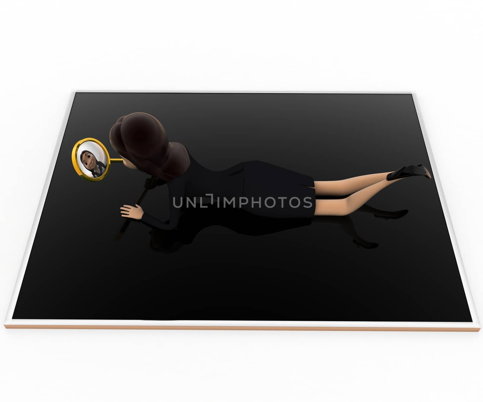 3d woman searching in tablet with glass concept on white background,  top  angle view