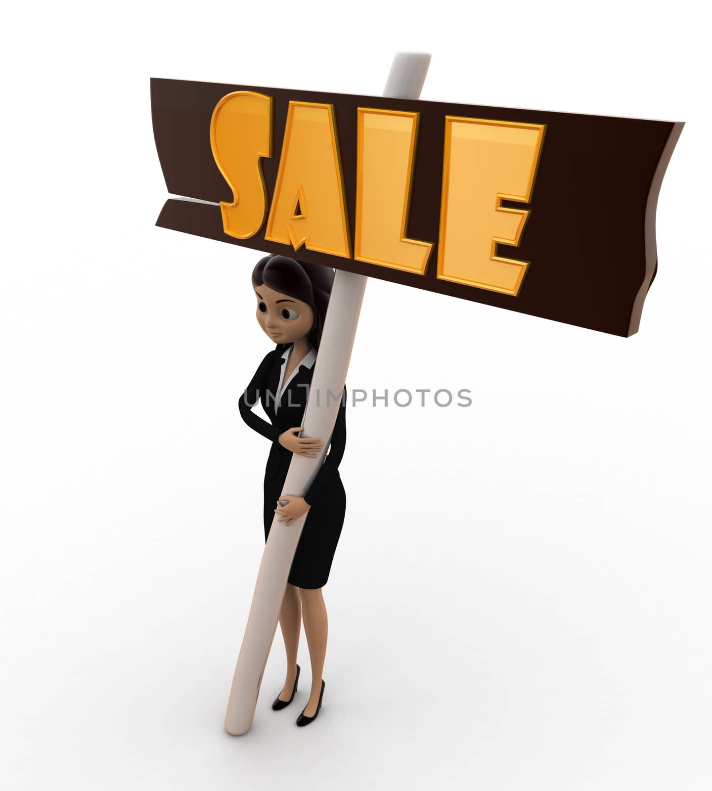 3d woman holding banner of sale concept on white background,  side angle view