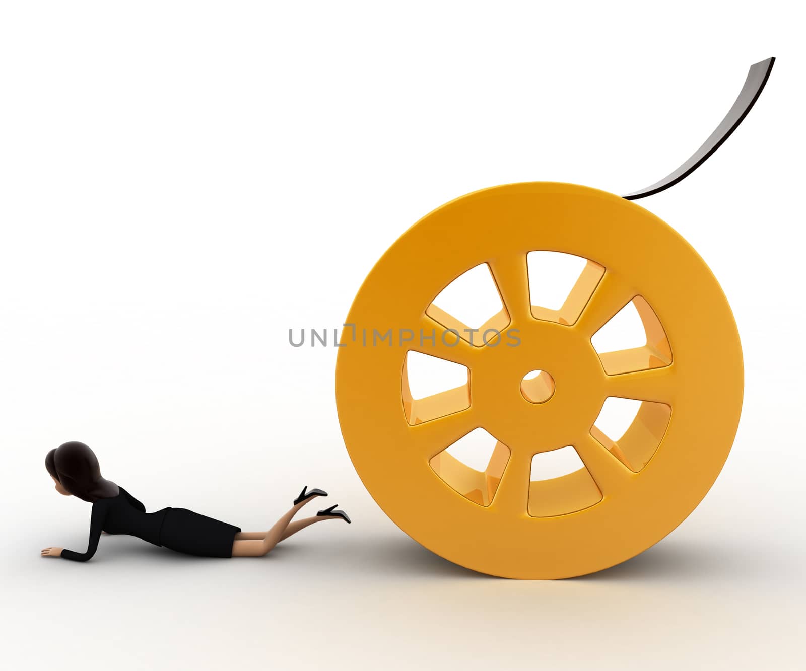 3d woman about to crush by rolling film reel concept on white background,  side angle view