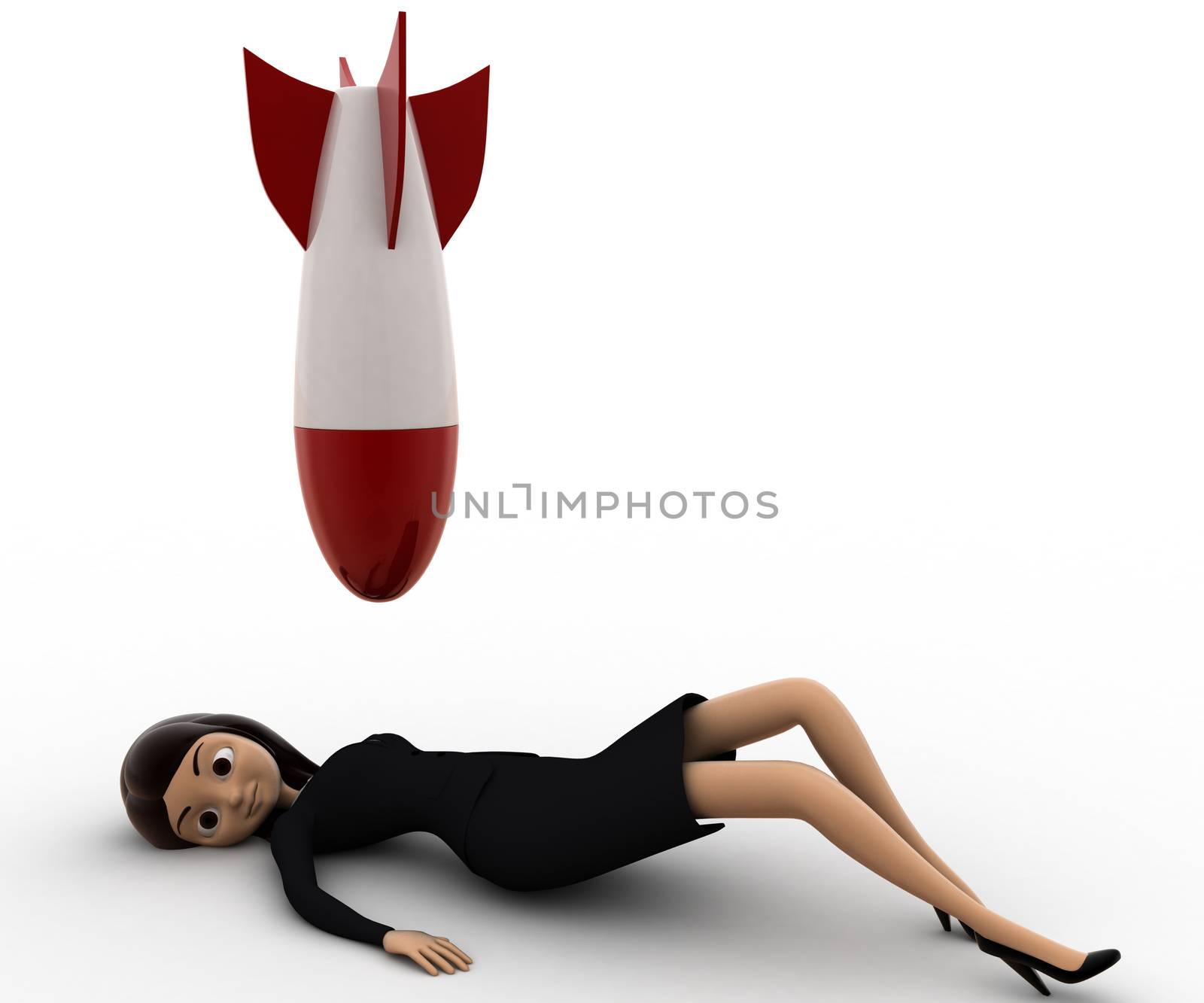 3d woman lying and rocket falling on her concept on white background, front angle view