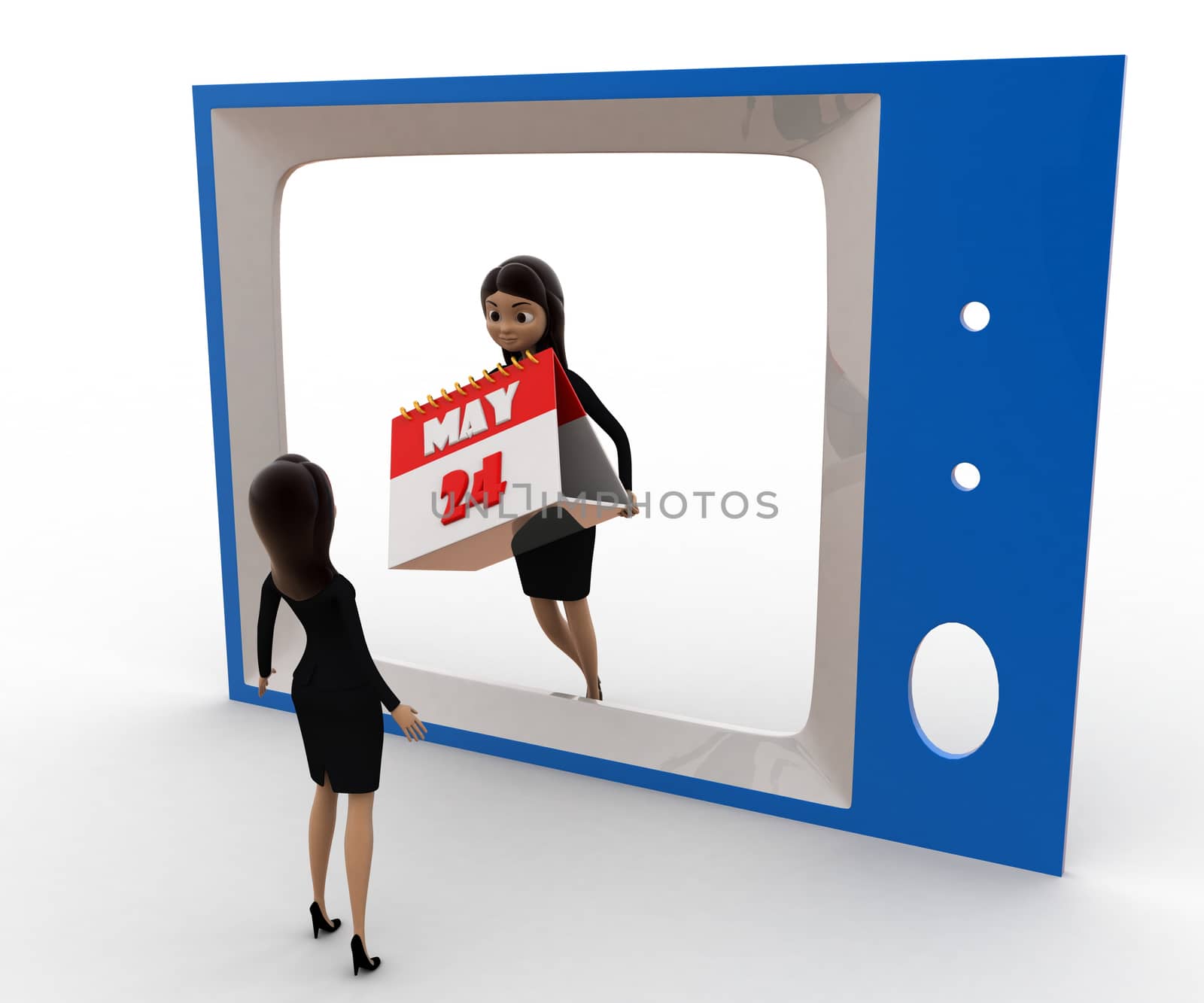 3d woman watching woman with calender on tv concept on white background, front angle view