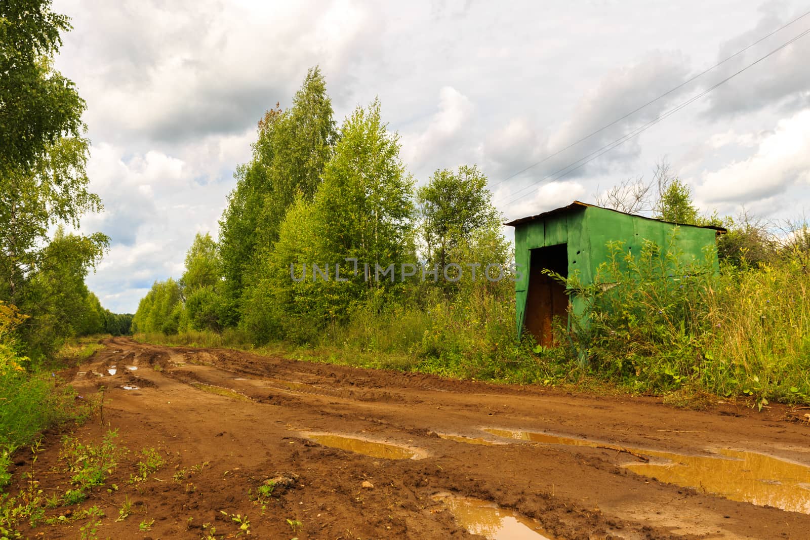 bus stop on a rural road in the village