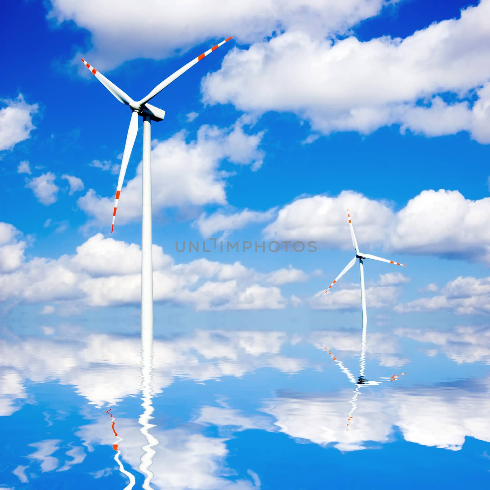 Windmill conceptual image. Windmills in the water.