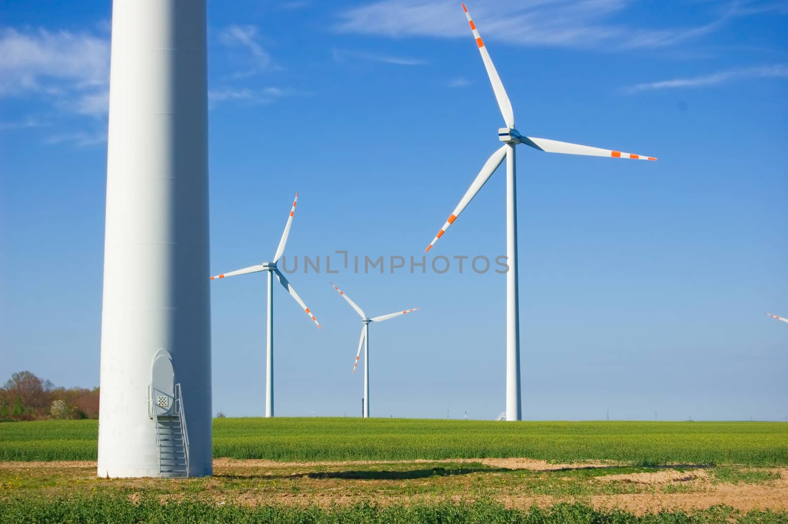 Clean energy. Windmills on green field.